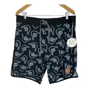 Of One Sea Sz 34 Boardshorts Retro Shaka Black Stretch NWT